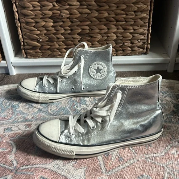 RARE Chuck Taylor All Star Silver Metallic & Glitter Leather Size 8 - Picture 3 of 6